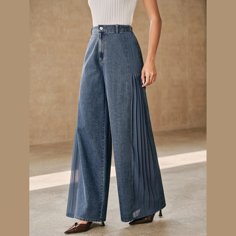 Blue Denim Pleated Sheer Chiffon Panel Wide Leg High Rise Jeans